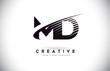 MD M D Letter Logo Design with Swoosh and Black Lines.