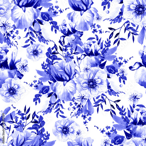 Beautiful watercolor pattern with peony, iris, anemone and roses flowers.