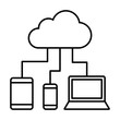 Cloud connected devices network with tablet, mobile phone and laptop computer line art icon for tech apps and websites