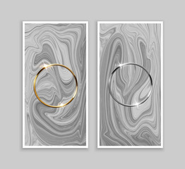 Poster - Golden and silver ring frames on gray marble or liquid background. Vector design elements.