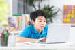 © sirikorn - Asian cute boy using laptop computer.