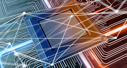 Poster - CPU processor chip and network connection on a circuit board - 3d render
