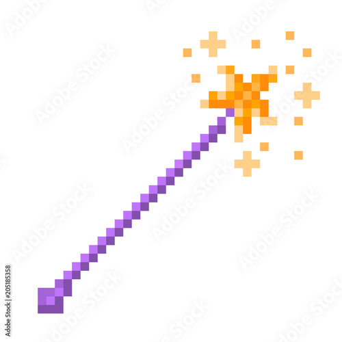 Fotografie, Obraz Violet magic wand with golden shining star and sparkles, pixel art icon isolated on white background