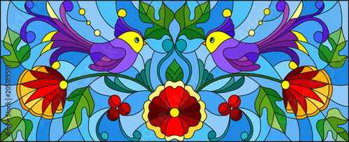 Dekoracja na wymiar  ilustracja-w-stylu-witrazu-z-para-abstrakcyjnych-fioletowych-ptakow-kwiatow-i-wzorow