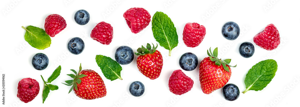 Various fresh forest berries isolated on white background, top view. Berry border frame. Flat lay. - obrazy, fototapety, plakaty 