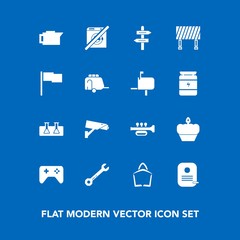 modern, simple vector icon set on blue background with camera, test, sign, , trumpet, cake, bag, wre