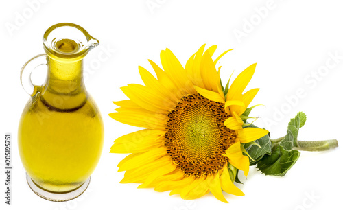 sunflower oil and sunfllower on a white background