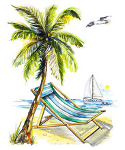Composition With Palm Tree, Yacht, Chaise Longue And Seagull On The Beach. Watercolor Hand Drawn Illustration