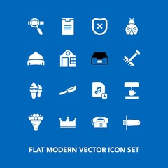 Modern, simple vector icon set on blue background with fork, safety, technology, research, file, king, machine, flower, communication, food, sweet, closed, lady, add, crown, fly, card, style icons