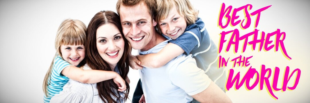 Composite image of happy parent giving piggyback to their childs