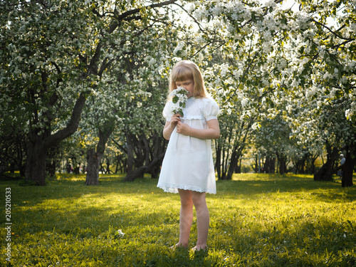 Plakat Mała dziewczynka w kwitnącym sadzie jabłkowym