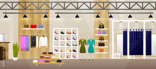 Fotomural Fashion Shop Interior Clothes Store Banner With Copy Space Flat Vector Illustrat