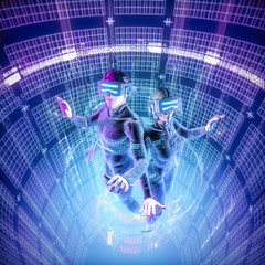 Wall Mural - virtual reality datasphere teamwork / 3d illustration of male and female figures in virtual gear wor