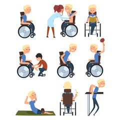 Sticker - Man in wheelchair in different situations set, rehabilitation and active lifestyle of disabled people concept vector Illustration on a white background