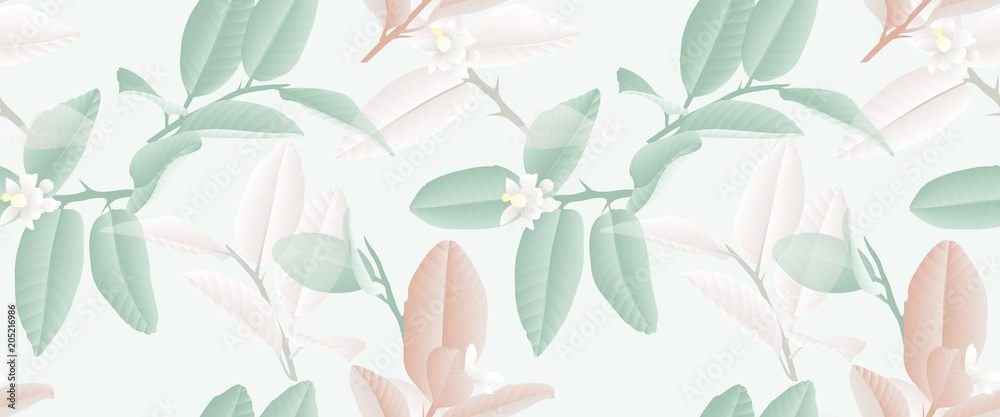 Seamless pattern, hand drawn pastel green, brown and white lime flowers and leaves on light green background - obrazy, fototapety, plakaty 