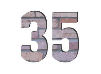 35 Number. Decorative red brick wall texture. English style. White isolated