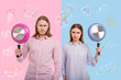© Viacheslav Yakobchuk - Serious bloggers. Calm serious experienced bloggers holding colorful frying pans and frowning while posing for a photo