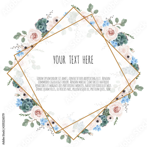 card with leaves and geometrical frame. Floral poster.