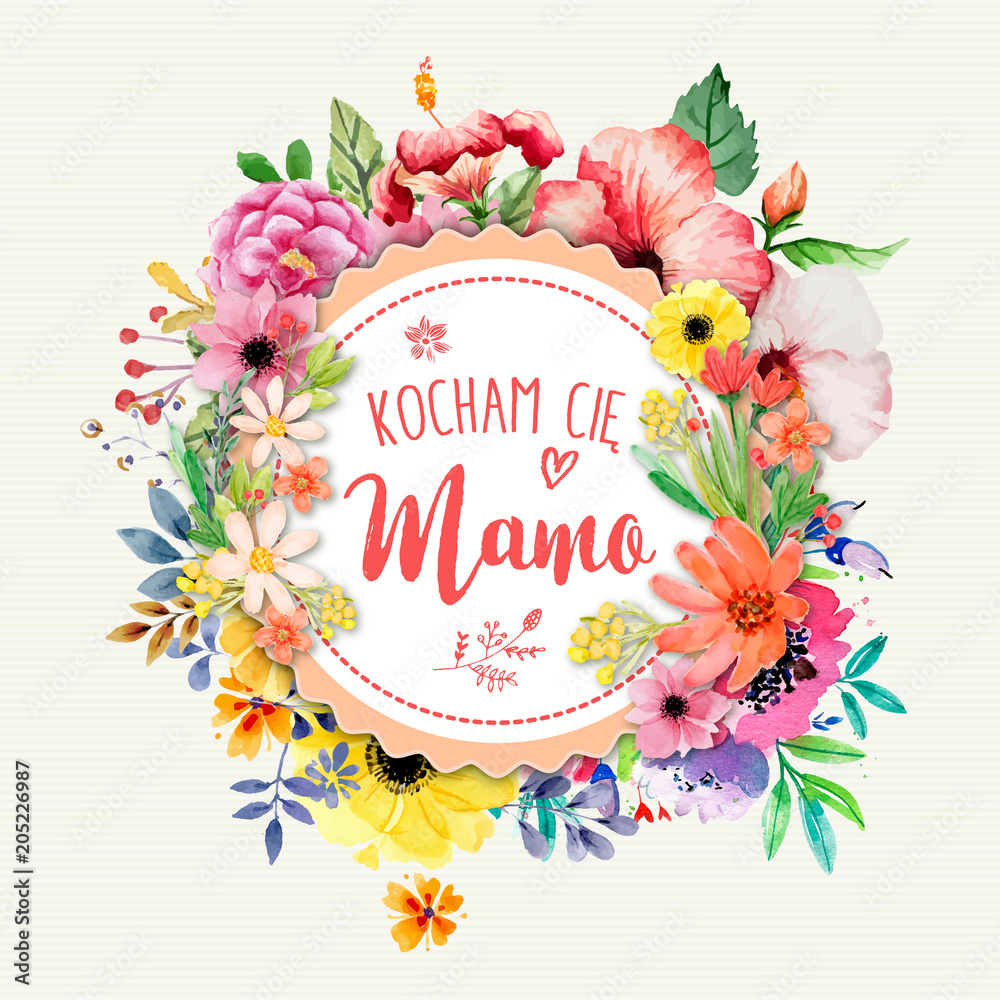 Dzień Matki 26 Maja - kartka z napisem "Kocham Cię Mamo" oraz motywem kwiatowym - obrazy, fototapety, plakaty 