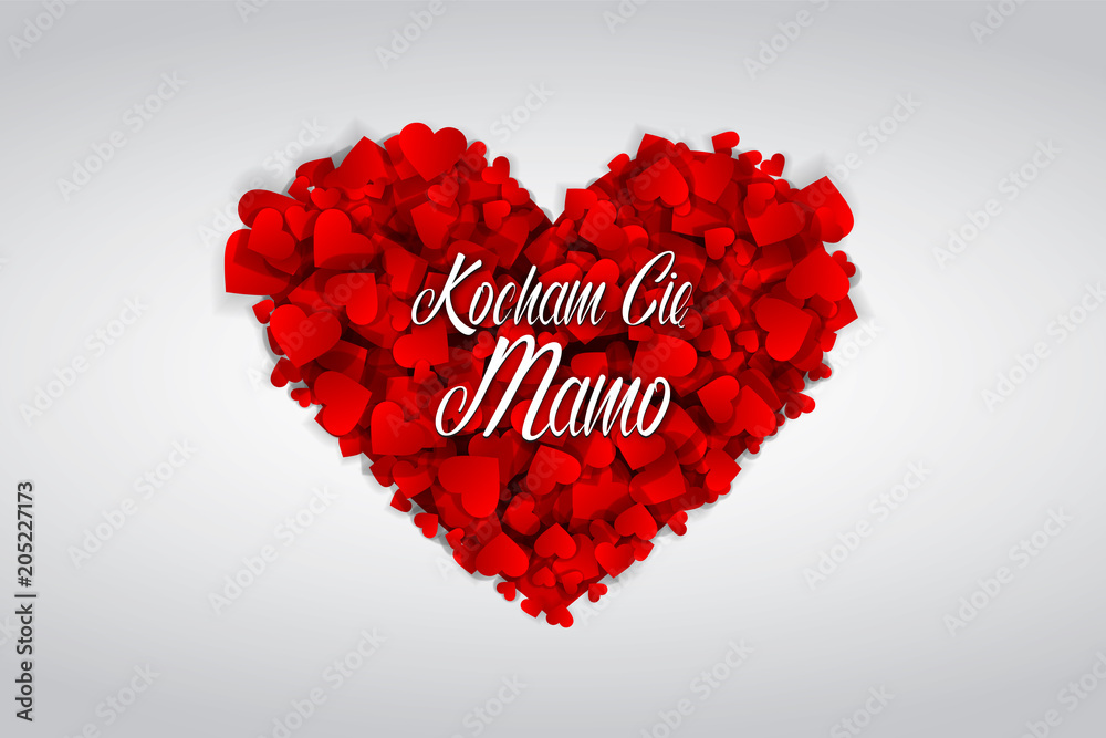 Dzień Matki 26 Maja - duże serce złożone z małych czerwonych serduszek z napisem „Kocham Cię Mamo” - obrazy, fototapety, plakaty 