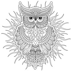 Wall Mural -  Coloring page with cute owl and floral frame.