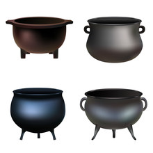 Cauldron Pot Halloween Mockup Set. Realistic Illustration Of 4 Cauldron Pot Halloween Vector Mockups For Web