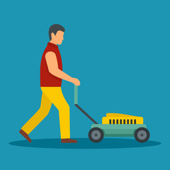 Poster - Man move the lawn mower icon. Flat illustration of man move the lawn mower vector icon for web design