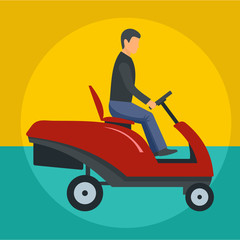 Sticker - Man at grass cutting machine icon. Flat illustration of man at grass cutting machine vector icon for web design