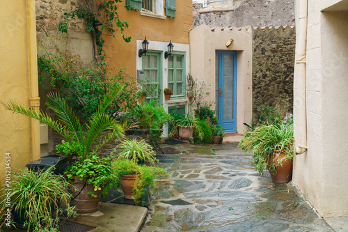 Pretty Old Houses With Colorful Shuttered Windows In A Quaint Pretty Old Houses With Colorful Shuttered Windows In A Quaint Village Collioure France Yellow Blue Balconies And Doors Green Plants Near