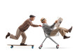 © Ljupco Smokovski - Senior riding a longboard and pushing a shopping cart with another senior riding inside it and holding a newspaper