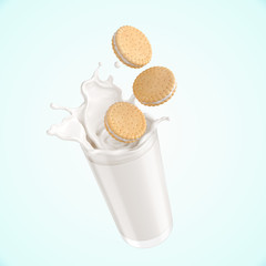 Canvas Print - Sandwich cookies with Milk splash, 3d illustration for biscuit package design.