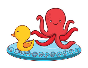 Poster - cute duck and octopus  over white background, colorful design. vector illustration