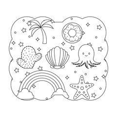 Wall Mural - decorative frame with cute octopus and related icons pattern over white background, vector illustration