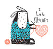 Adorable little sheep crocheting a heart. Vector illustration.
