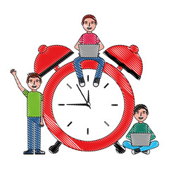 Sticker - people working on alarm clock vector illustration design