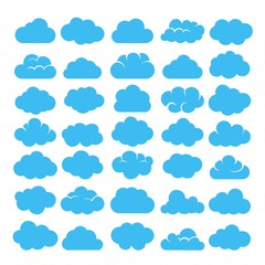 Wall Mural - Blue cartoon clouds isolated on white background vector illustration big set