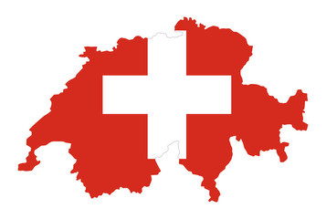 Wall Mural - Flag of Switzerland in country silhouette. Landmass and borders as outline, within the banner of the nation. Red flag with white cross. Isolated illustration on white background. Vector.