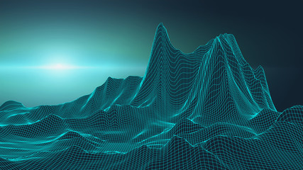 Wall Mural - retro background futuristic landscape 1980s style. digital retro landscape cyber surface. retro musi