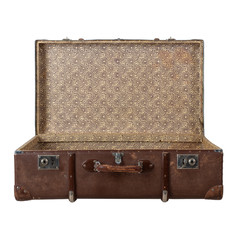 Retro suitcase with the lid open isolated on white background.