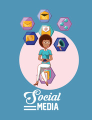 Canvas Print - social media design with cartoon woman and  related icons over blue background, colorful design. vector illustration