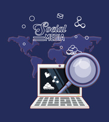 Sticker - laptop computer with social media related icons over purple background, colorful design. vector illustration