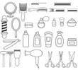 Set of outline icons with barbershop equipment. Barbershop collection with with comb, scissors, oil,mirror,hairdryer, razor, shaving brush, pole, scissors, bottle spray. Linear icons. 