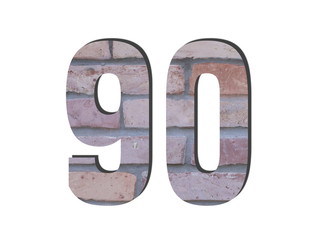 90 Number. Decorative red brick wall texture. English style. White isolated