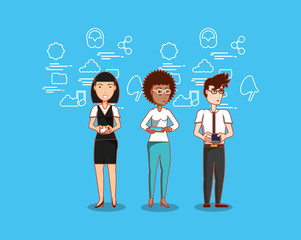 Wall Mural - cartoon people standing with social media related icons over blue background, colorful design. vector illustration