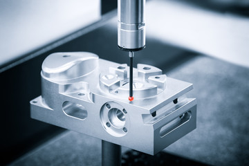 Poster - Operator inspection dimension metal parts by CMM after machining process in industrial factory.