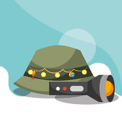 Sticker - hat and lantern fishing equipment vector illustration