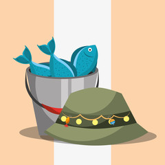 Poster - bucket with fishes and hat fishing equipment vector illustration