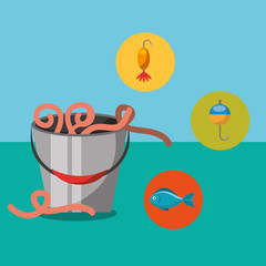 Canvas Print - fishing fish cartoon bucket with worms vector illustration