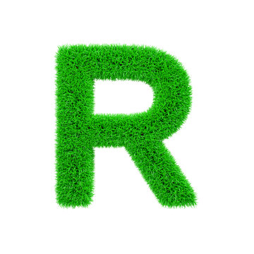 Alphabet letter R uppercase. Grassy font made of fresh green grass. 3D render isolated on white background.