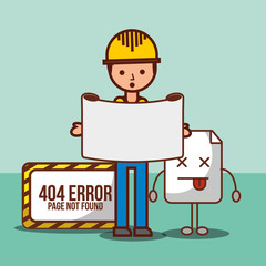 Wall Mural - worker and kawaii paper with board 404 error page not found vector illustration